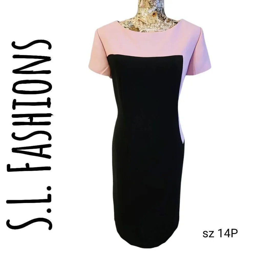 Dress Color Block Light Pink Black Geometric Slimming Waist S.L. Fashions Midi